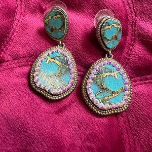 Pink Panache Turquoise Marbled Earrings With AB Stones